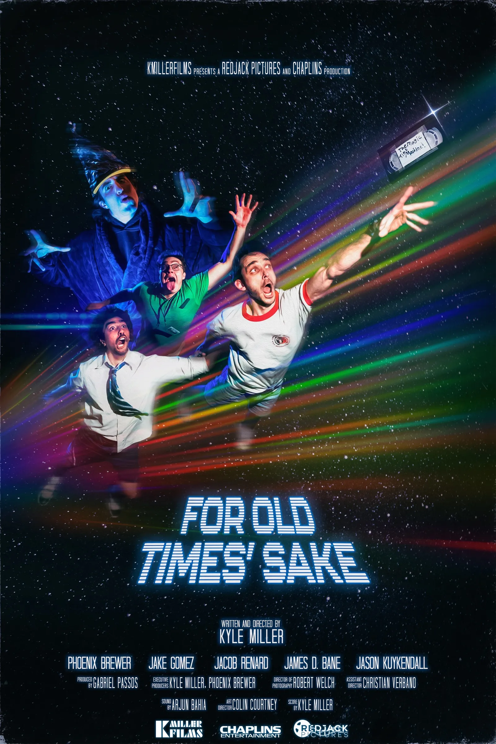 For Old Times' Sake poster — four friends soar through a cosmic rainbow streak, reaching after a flying VHS tape